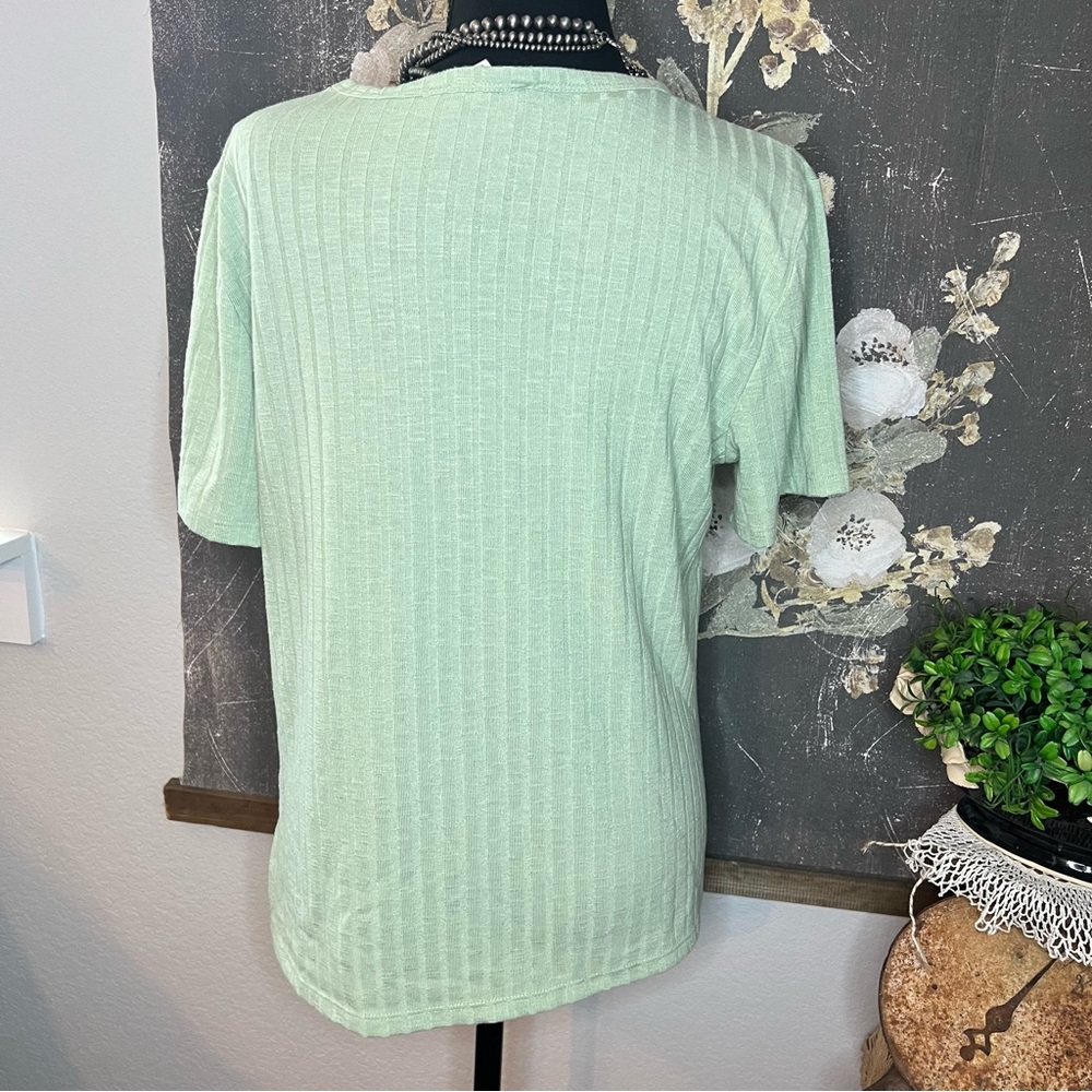 Vintage America Pastel Mint Sage Green Basic Ribbed Tee Shirt Blouse Sz L - Picture 3 of 7